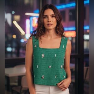 ENTRO GREEN TWEED CROP TOP SQUARE NECK RHINESTONE & PEARL HOLIDAY CHRISTMAS SZ M